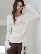 THELIGHT OFFICIAL Ivory Floral Ruching Waist Rhinestone Women's Long Sleeve T-shirts
