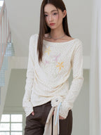 THELIGHT OFFICIAL Ivory Floral Ruching Waist Rhinestone Women's Long Sleeve T-shirts