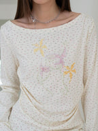 THELIGHT OFFICIAL Ivory Floral Ruching Waist Rhinestone Women's Long Sleeve T-shirts