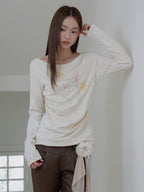 THELIGHT OFFICIAL Ivory Floral Ruching Waist Rhinestone Women's Long Sleeve T-shirts