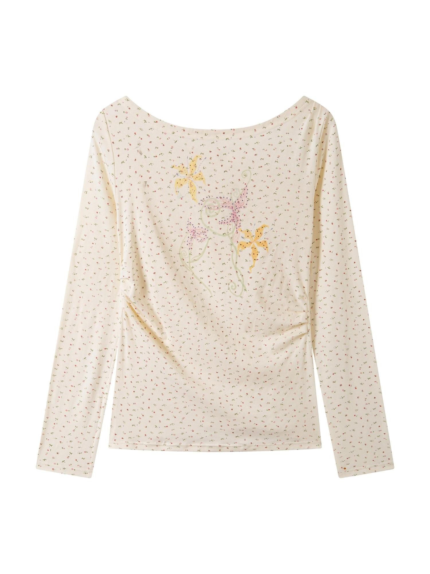 THELIGHT OFFICIAL Ivory Floral Ruching Waist Rhinestone Women's Long Sleeve T-shirts