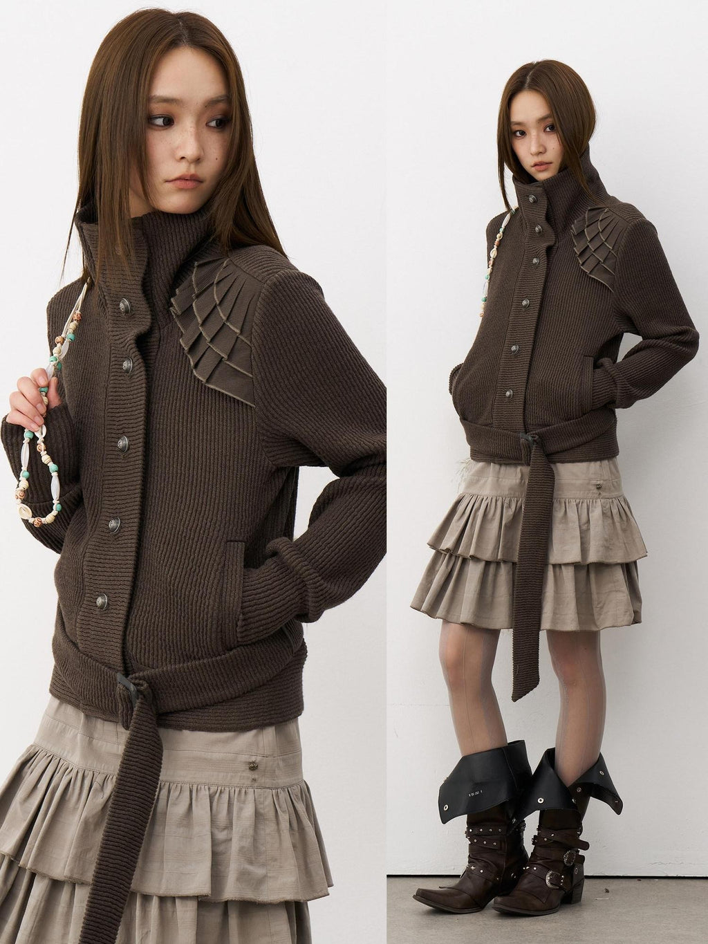 THELIGHT OFFICIAL Knit Shoulder Lace Stand Collar Button Vintage Women's Cotton Casual Jackets
