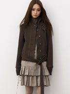 THELIGHT OFFICIAL Knit Shoulder Lace Stand Collar Button Vintage Women's Cotton Casual Jackets