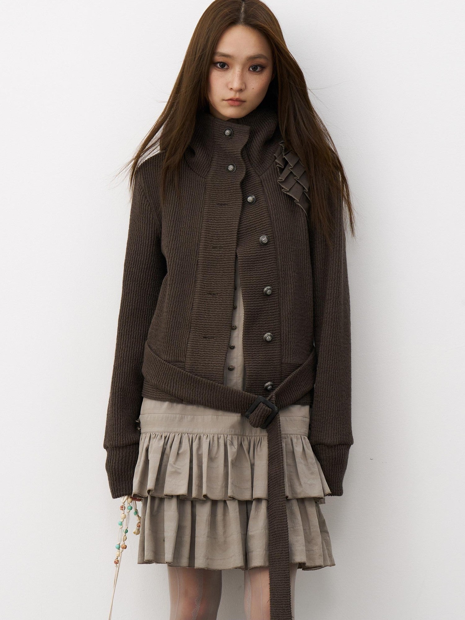 THELIGHT OFFICIAL Knit Shoulder Lace Stand Collar Button Vintage Women's Cotton Casual Jackets