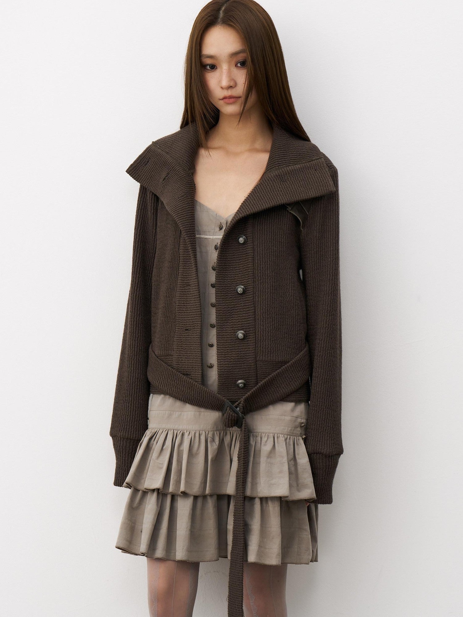 THELIGHT OFFICIAL Knit Shoulder Lace Stand Collar Button Vintage Women's Cotton Casual Jackets