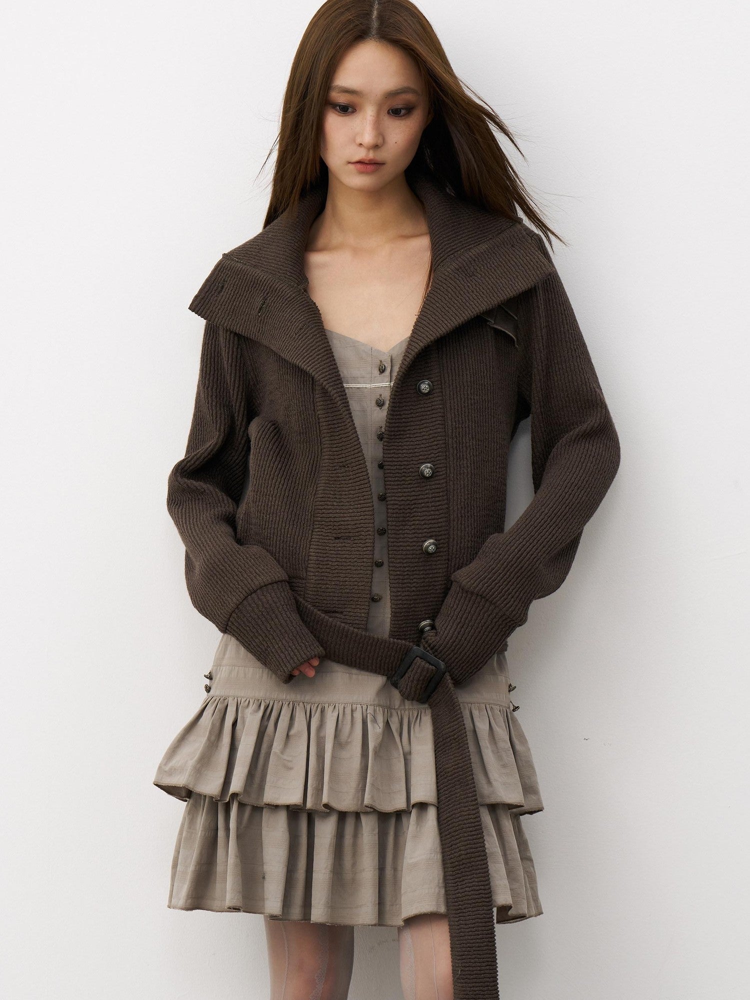 THELIGHT OFFICIAL Knit Shoulder Lace Stand Collar Button Vintage Women's Cotton Casual Jackets