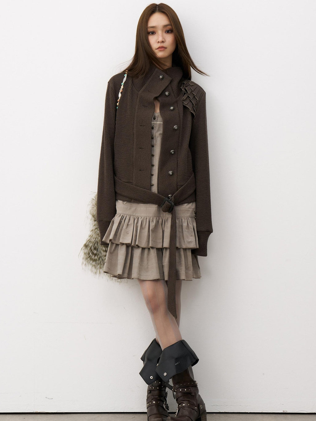 THELIGHT OFFICIAL Knit Shoulder Lace Stand Collar Button Vintage Women's Cotton Casual Jackets