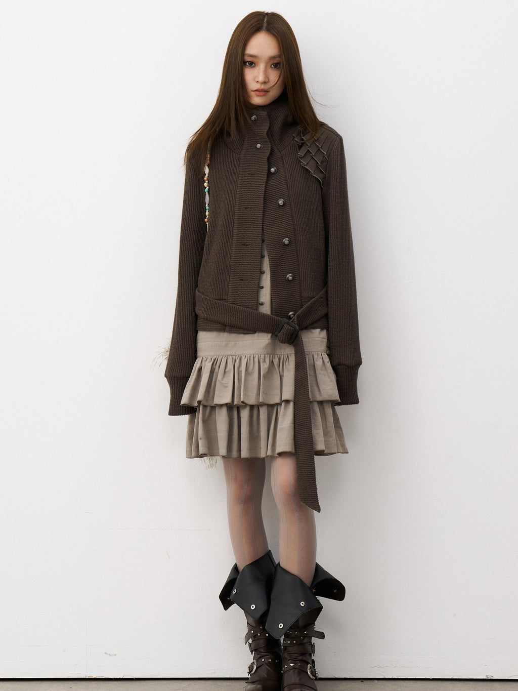 THELIGHT OFFICIAL Knit Shoulder Lace Stand Collar Button Vintage Women's Cotton Casual Jackets