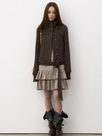 THELIGHT OFFICIAL Knit Shoulder Lace Stand Collar Button Vintage Women's Cotton Casual Jackets