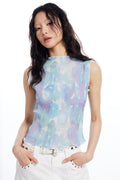 THELIGHT OFFICIAL Light Blue Tie Dye Pleated Print Slim Women's Polyester Tank Tops 789051568318