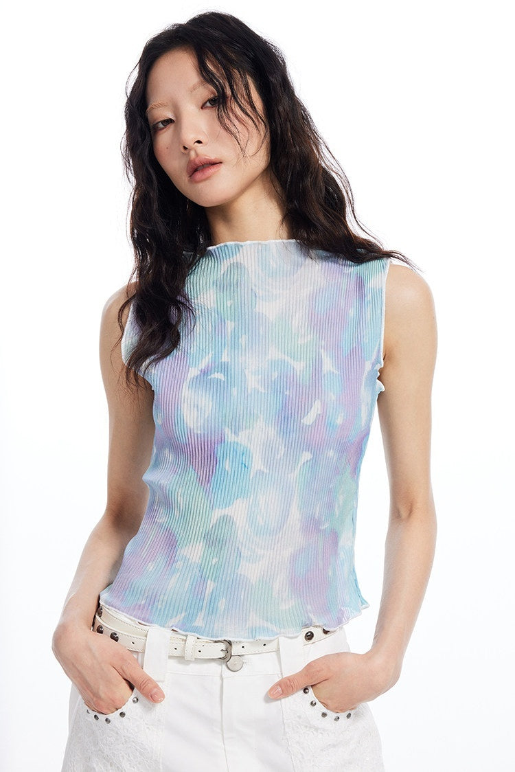 THELIGHT OFFICIAL Light Blue Tie Dye Pleated Print Slim Women's Polyester Tank Tops 789051568318