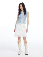 THELIGHT OFFICIAL Light Blue Tie Dye Pleated Print Slim Women's Polyester Tank Tops