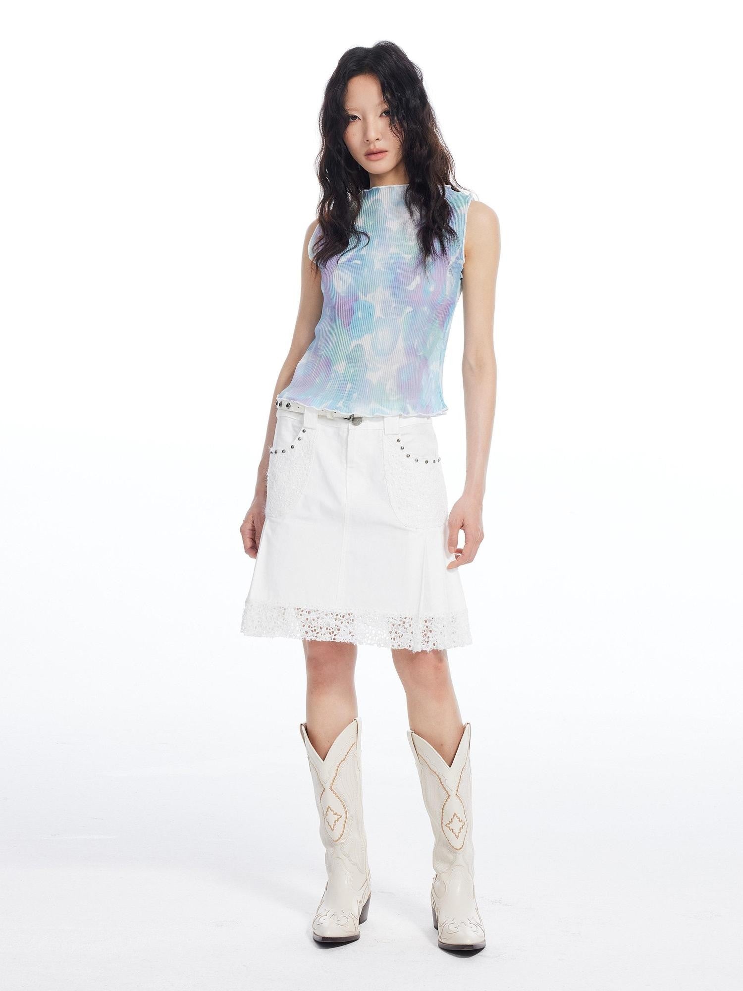 THELIGHT OFFICIAL Light Blue Tie Dye Pleated Print Slim Women's Polyester Tank Tops