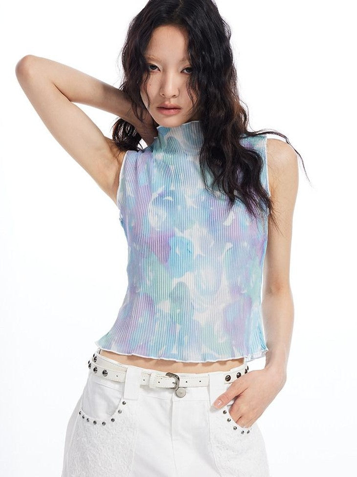 THELIGHT OFFICIAL Light Blue Tie Dye Pleated Print Slim Women's Polyester Tank Tops