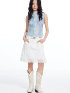 THELIGHT OFFICIAL Light Blue Tie Dye Pleated Print Slim Women's Polyester Tank Tops