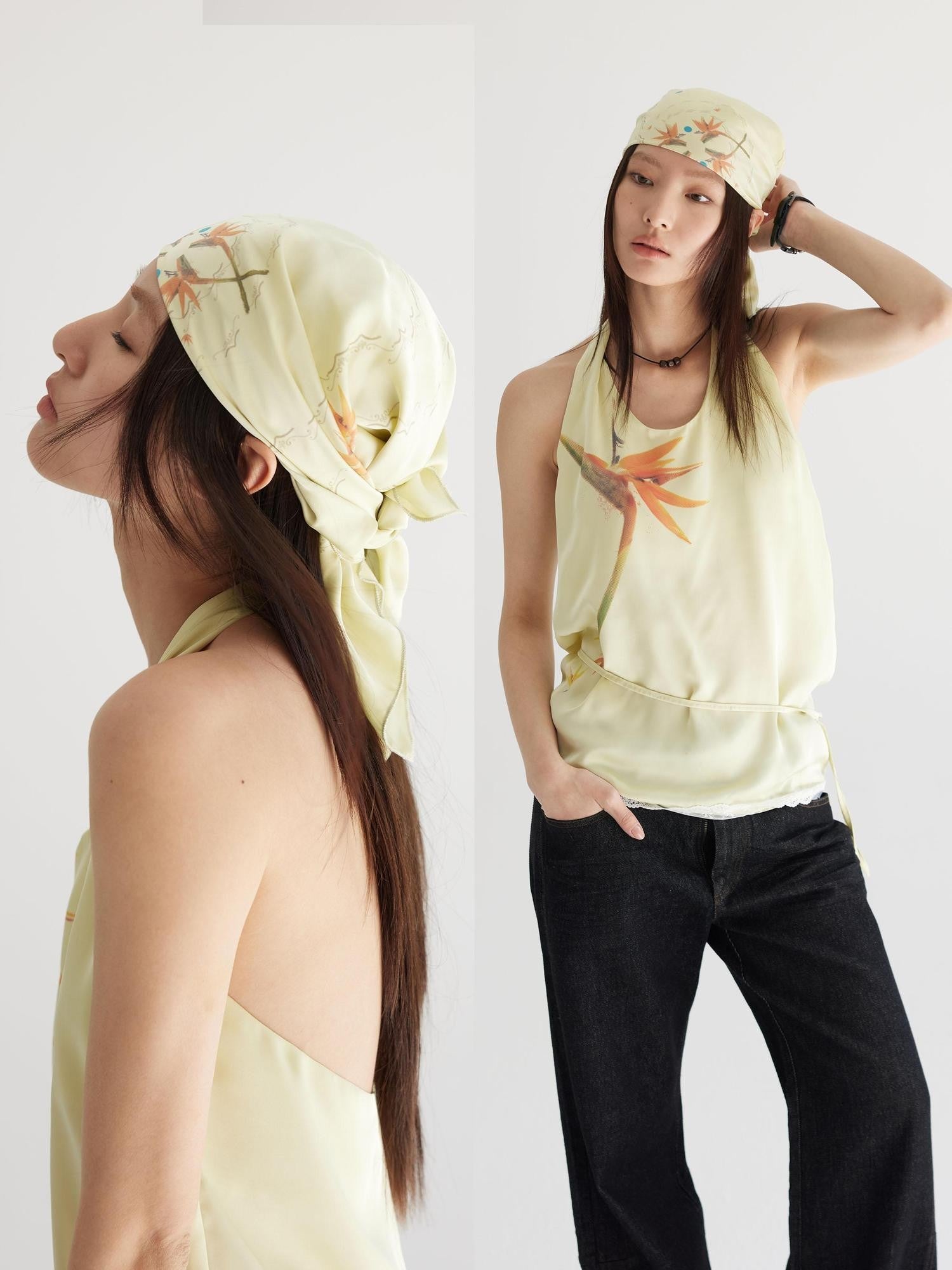 THELIGHT OFFICIAL Light Yellow Floral Bohemian Square Scarf Women's Lightweight Headscarf Hats