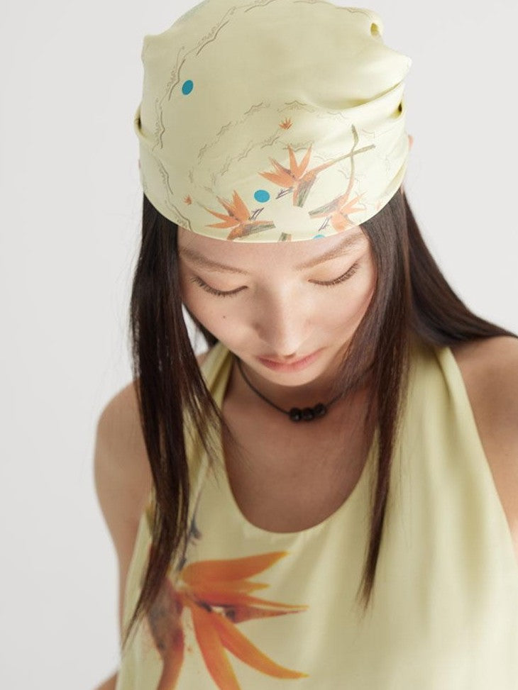 THELIGHT OFFICIAL Light Yellow Floral Bohemian Square Scarf Women's Lightweight Headscarf Hats