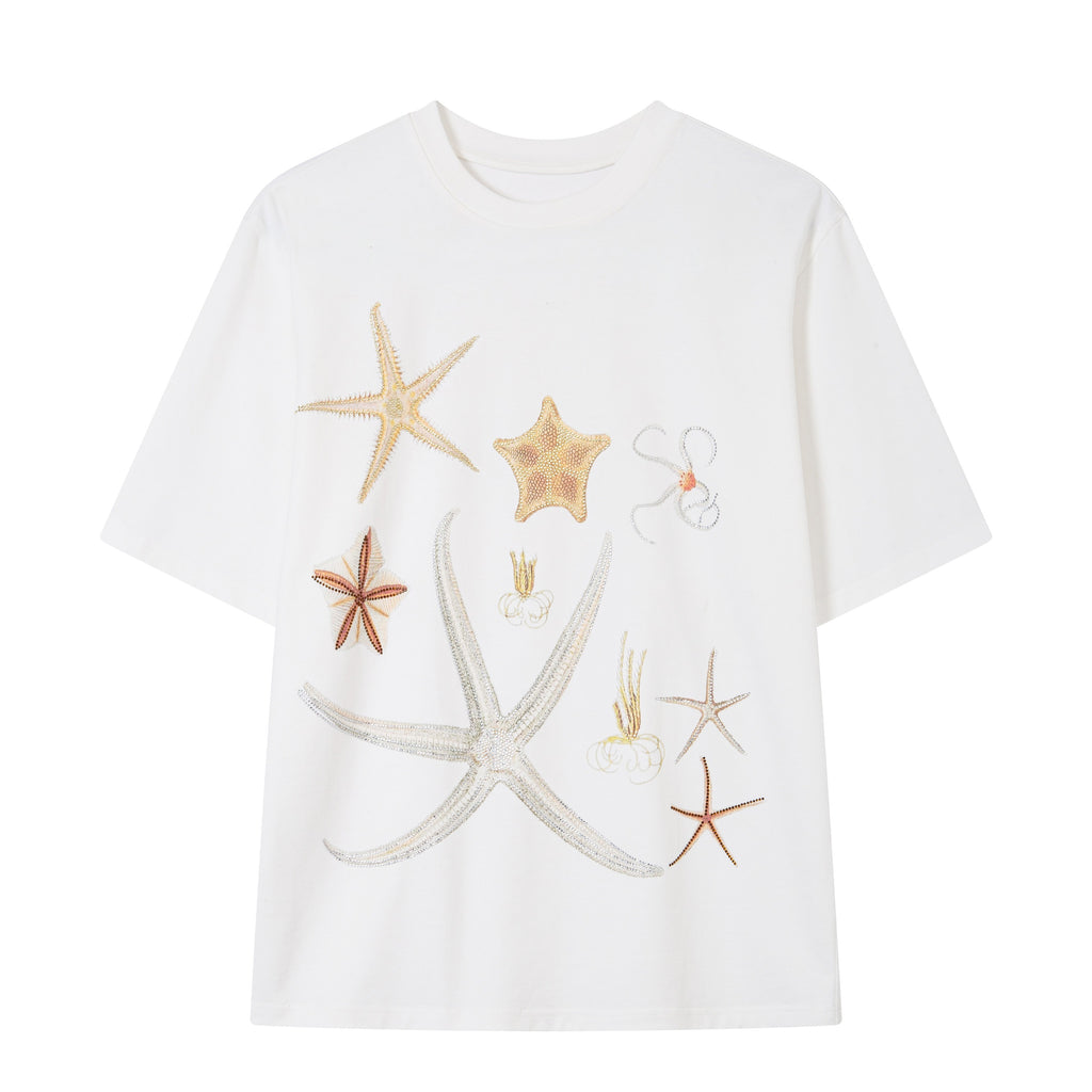THELIGHT OFFICIAL Lucky Starfish Embroidered Print Loose Women's Pure Cotton Short Sleeve T-shirts 906857843359