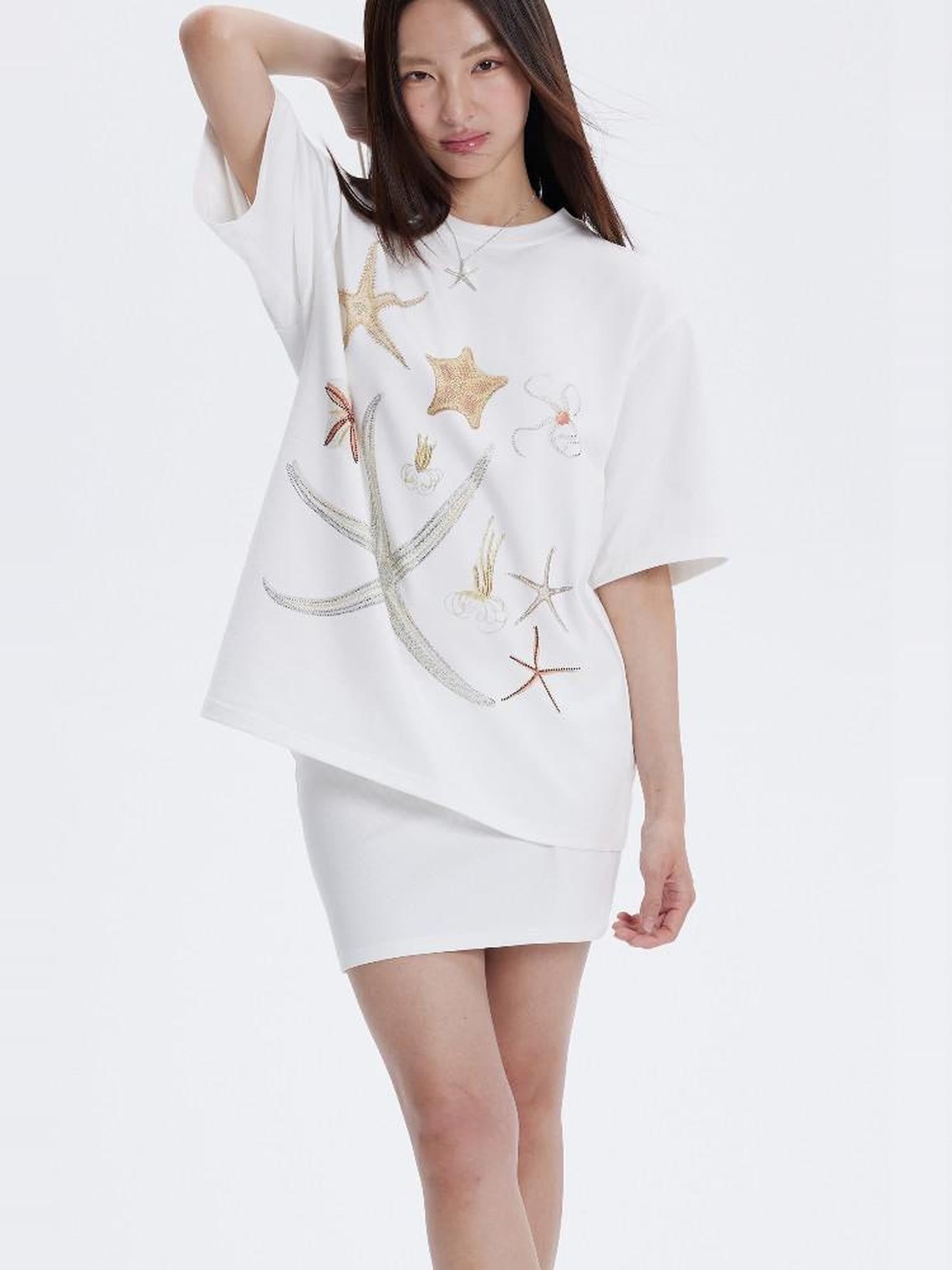 THELIGHT OFFICIAL Lucky Starfish Embroidered Print Loose Women's Pure Cotton Short Sleeve T-shirts