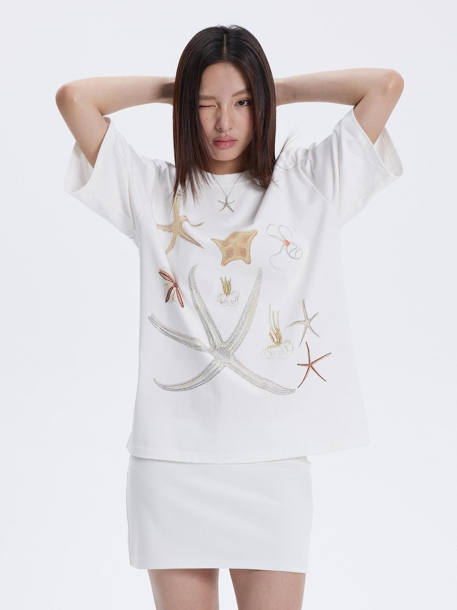 THELIGHT OFFICIAL Lucky Starfish Embroidered Print Loose Women's Pure Cotton Short Sleeve T-shirts