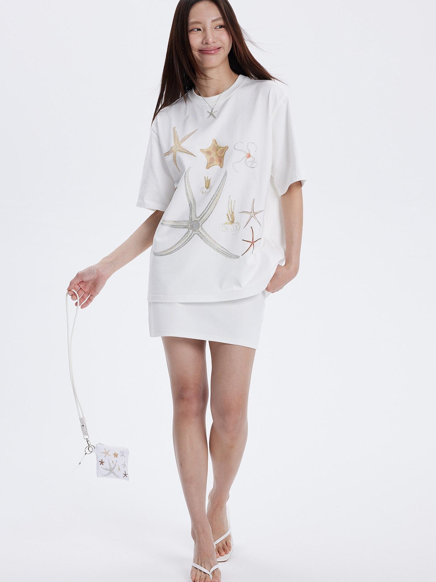 THELIGHT OFFICIAL Lucky Starfish Embroidered Print Loose Women's Pure Cotton Short Sleeve T-shirts