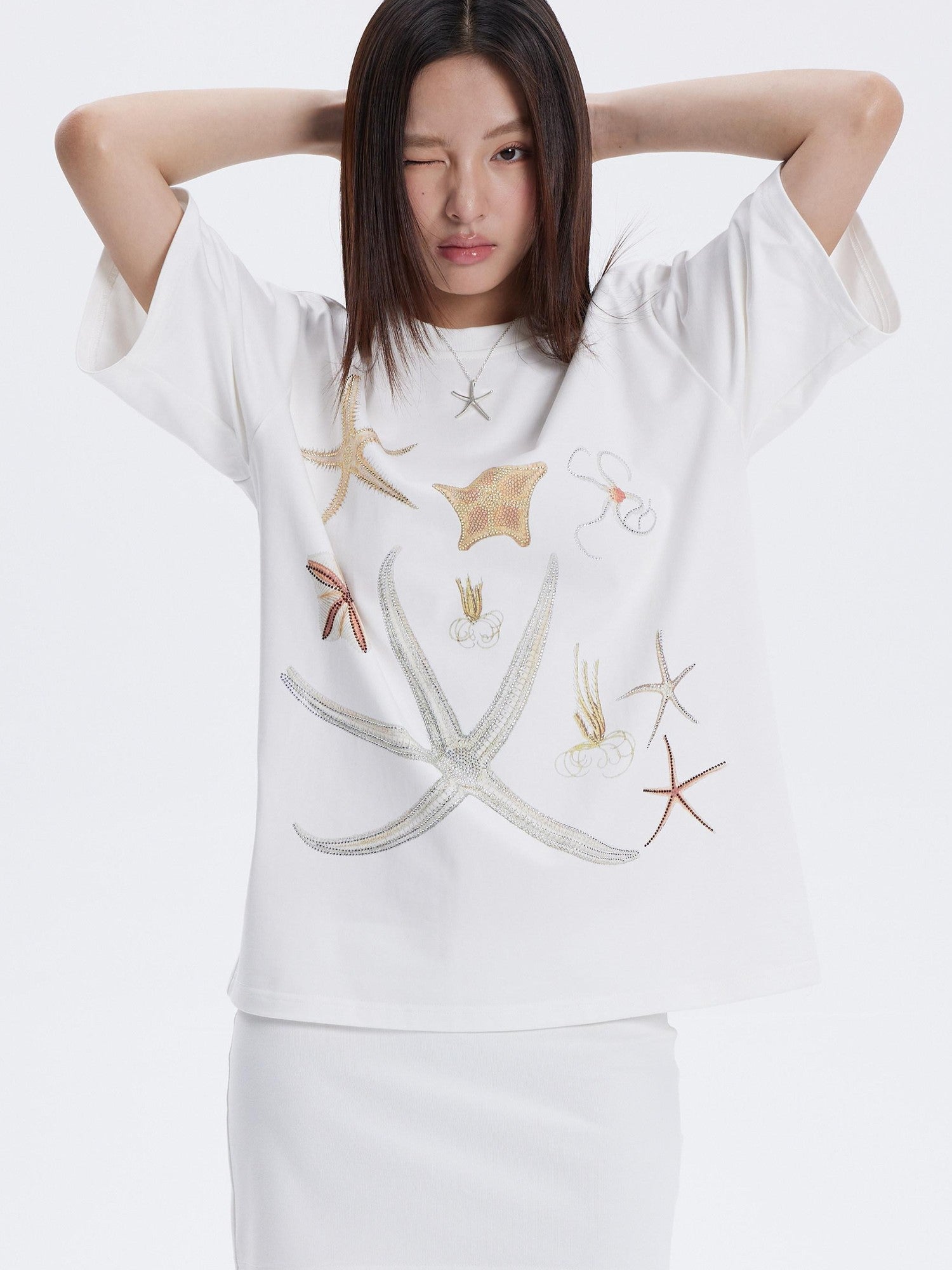 THELIGHT OFFICIAL Lucky Starfish Embroidered Print Loose Women's Pure Cotton Short Sleeve T-shirts