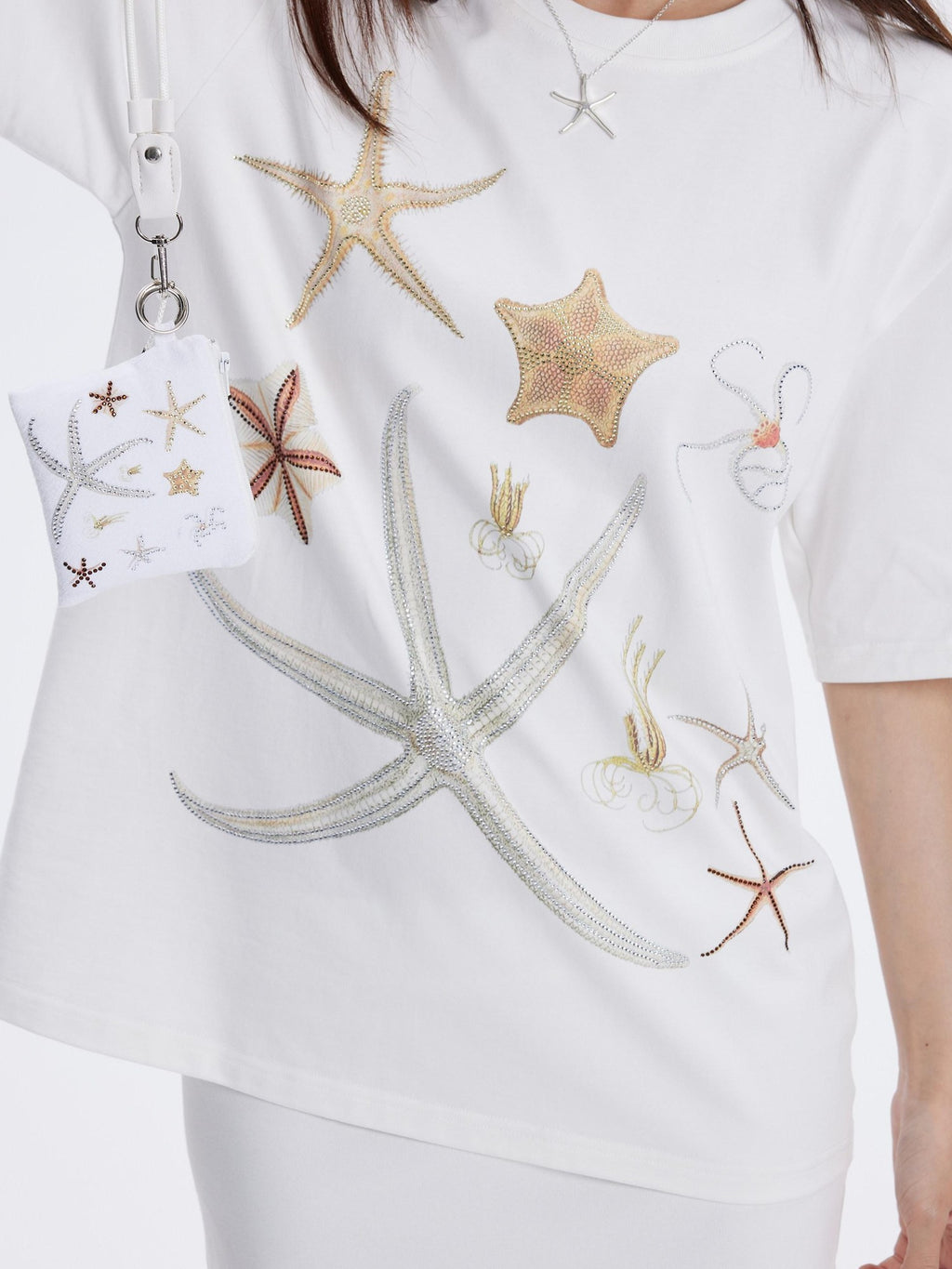THELIGHT OFFICIAL Lucky Starfish Embroidered Print Loose Women's Pure Cotton Short Sleeve T-shirts