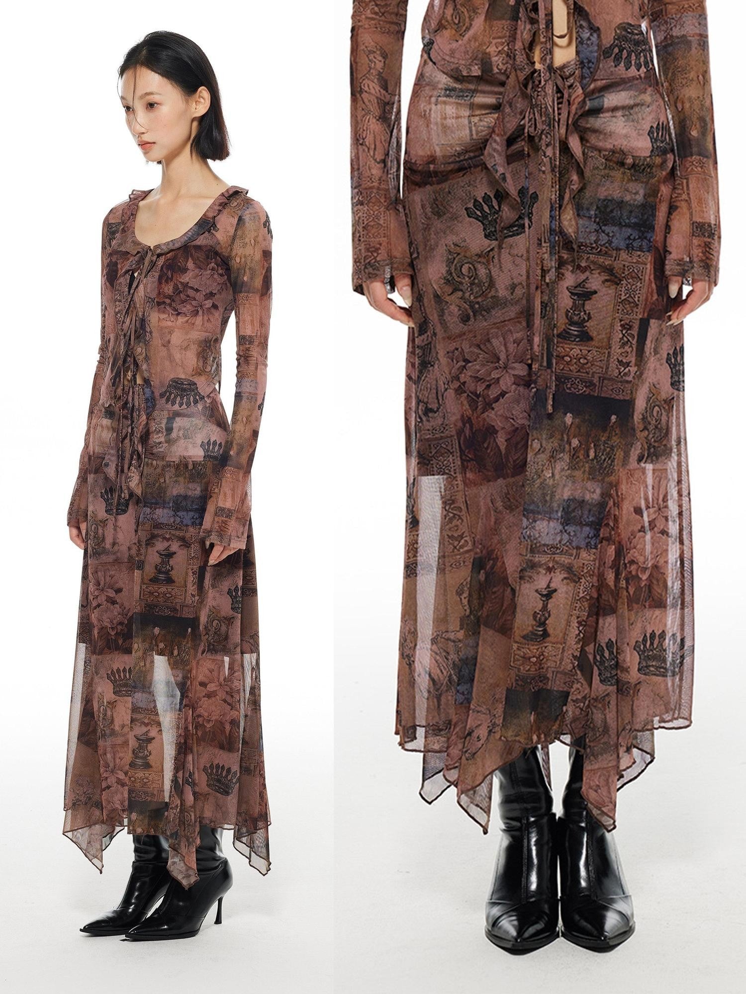 THELIGHT OFFICIAL Mesh Printed A Line Women's Polyester Spandex Casual Maxi Dresses