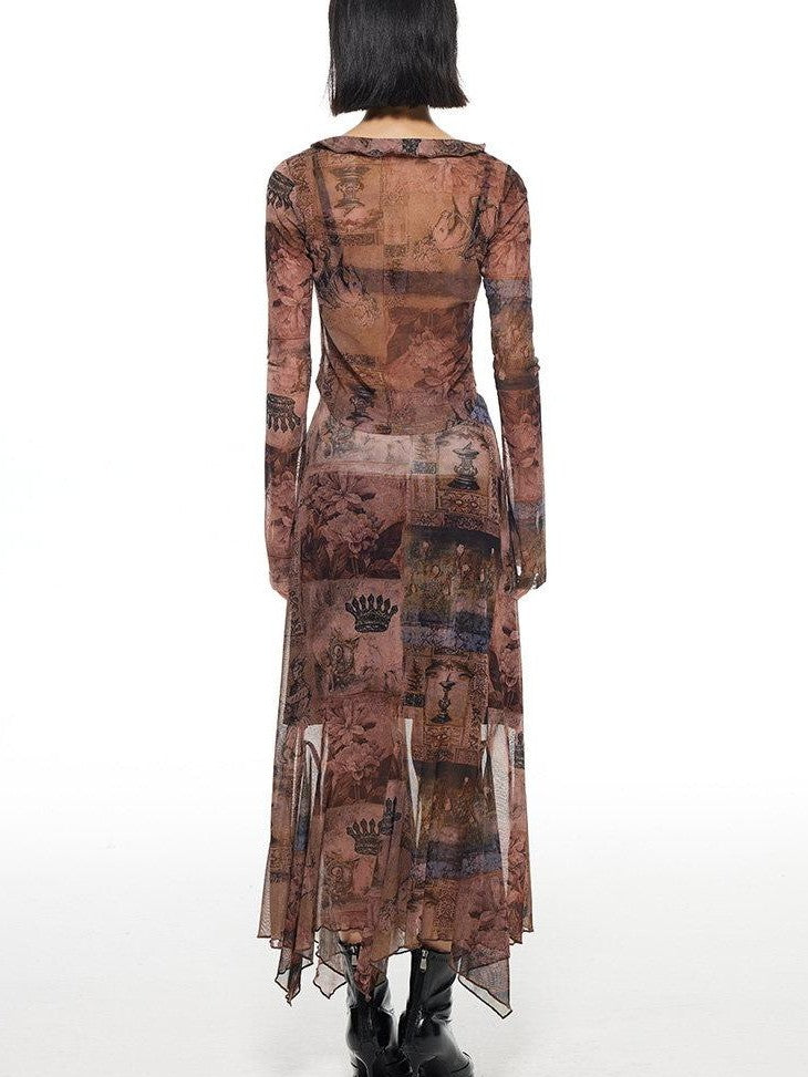 THELIGHT OFFICIAL Mesh Printed A Line Women's Polyester Spandex Casual Maxi Dresses