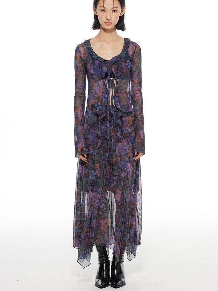 THELIGHT OFFICIAL Mesh Printed A Line Women's Polyester Spandex Casual Maxi Dresses