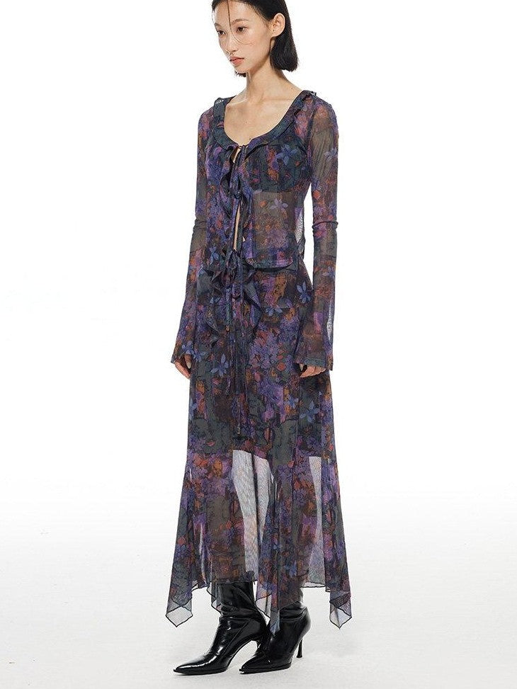 THELIGHT OFFICIAL Mesh Printed A Line Women's Polyester Spandex Casual Maxi Dresses