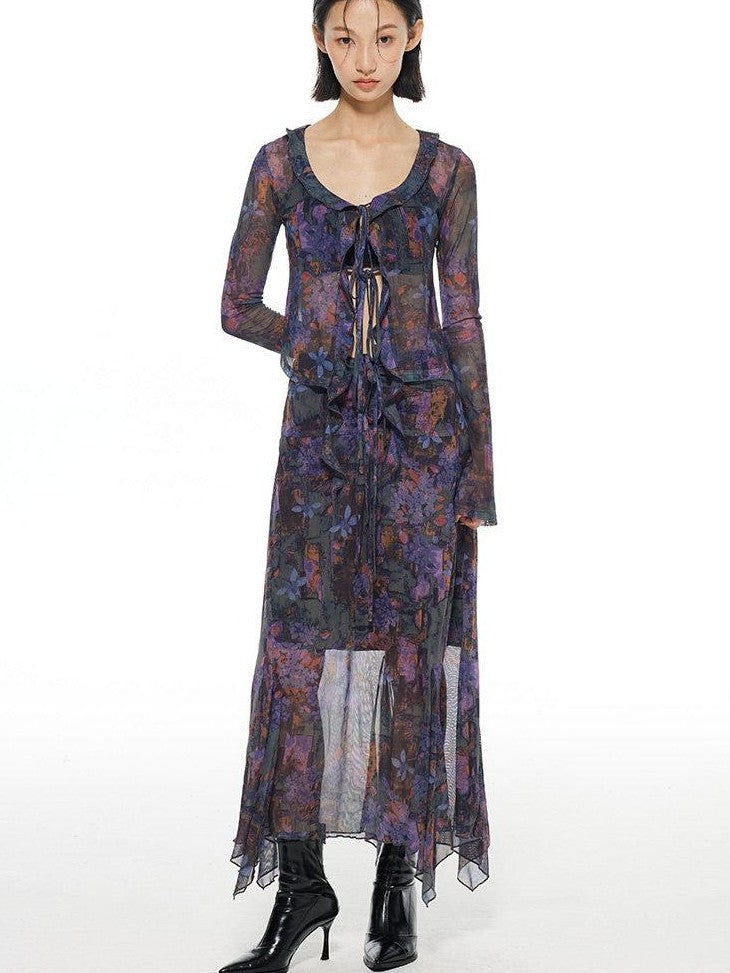 THELIGHT OFFICIAL Mesh Printed A Line Women's Polyester Spandex Casual Maxi Dresses