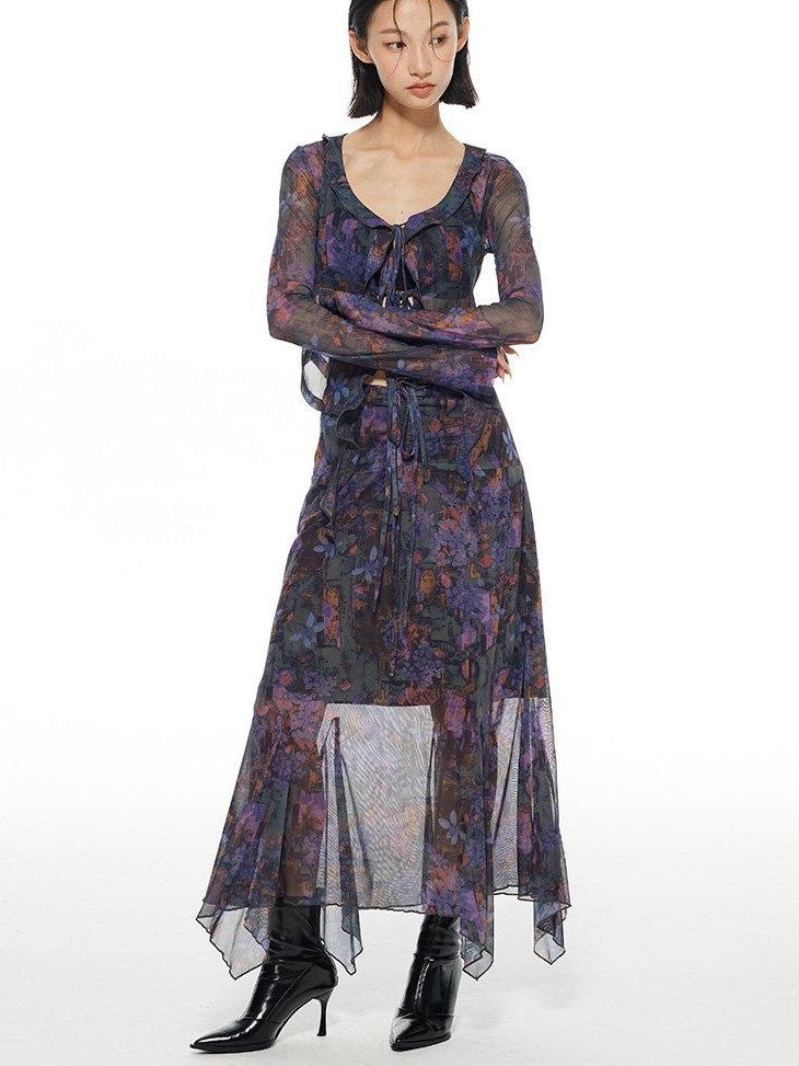 THELIGHT OFFICIAL Mesh Printed A Line Women's Polyester Spandex Casual Maxi Dresses