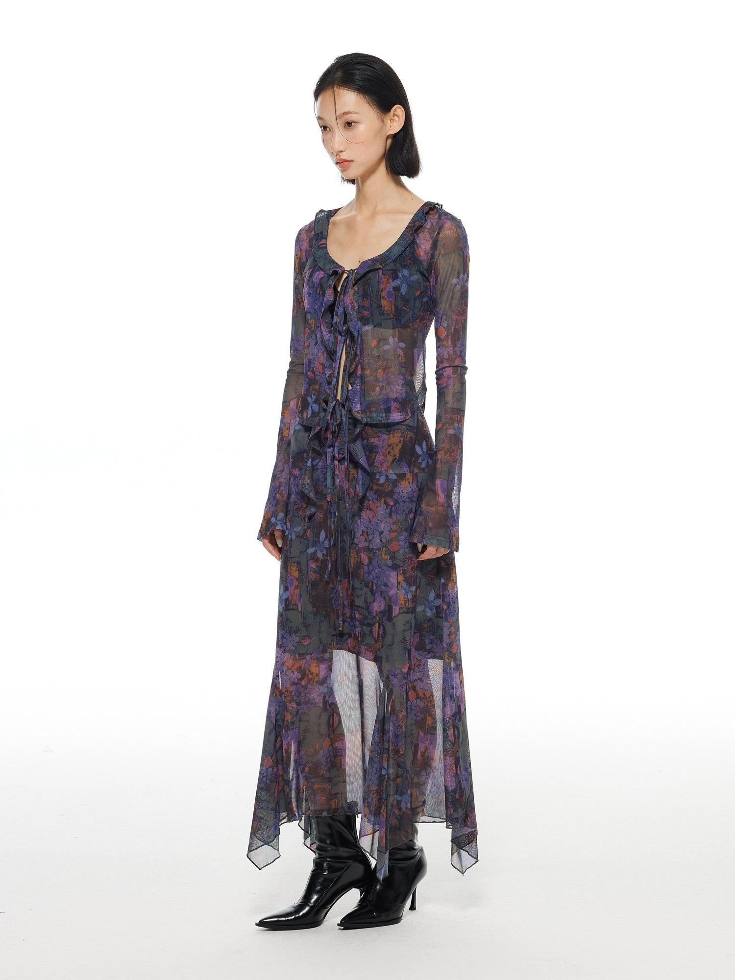 THELIGHT OFFICIAL Mesh Printed A Line Women's Polyester Spandex Casual Maxi Dresses