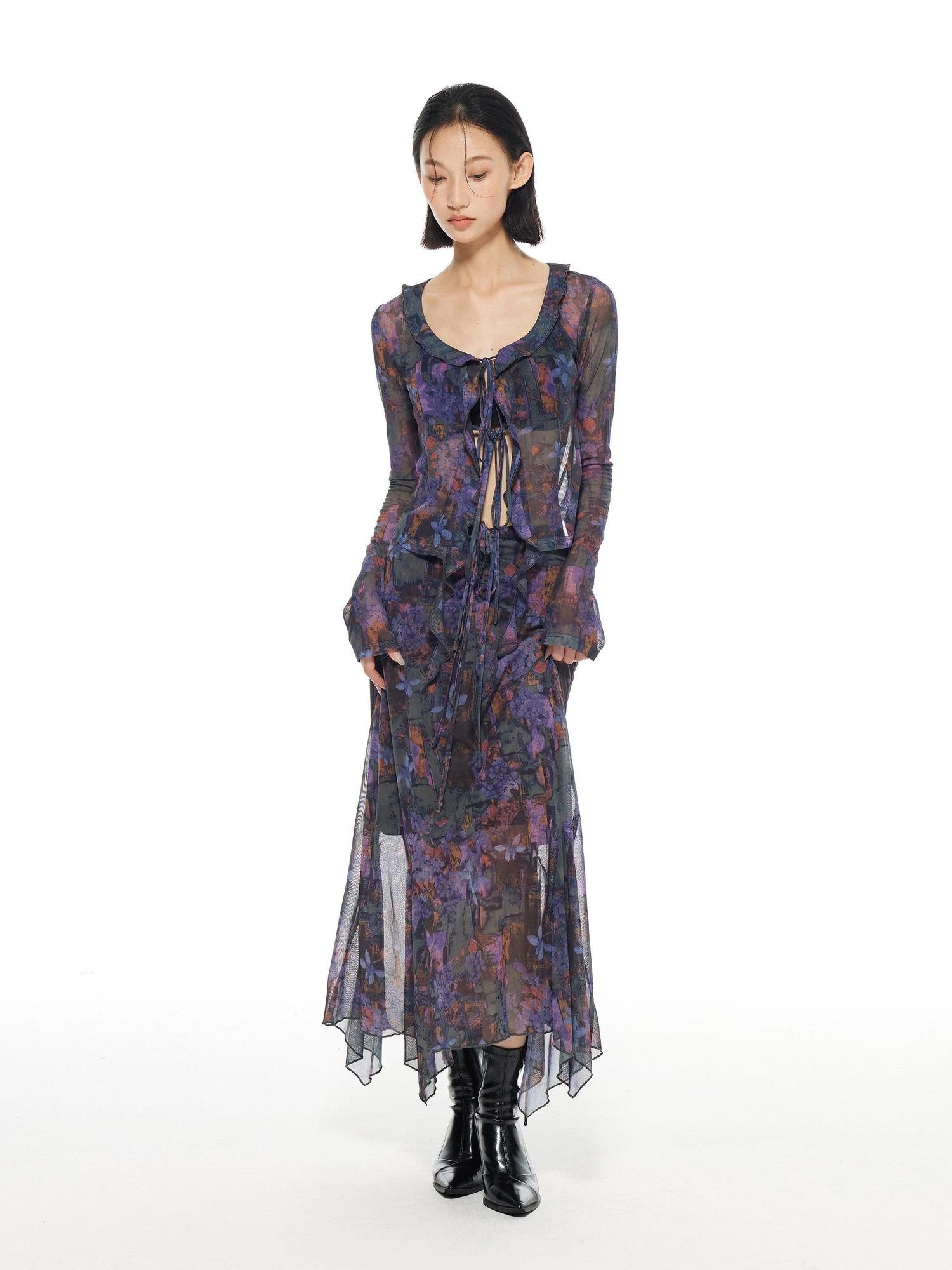 THELIGHT OFFICIAL Mesh Printed A Line Women's Polyester Spandex Casual Maxi Dresses