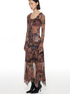 THELIGHT OFFICIAL Mesh Printed A Line Women's Polyester Spandex Casual Maxi Dresses