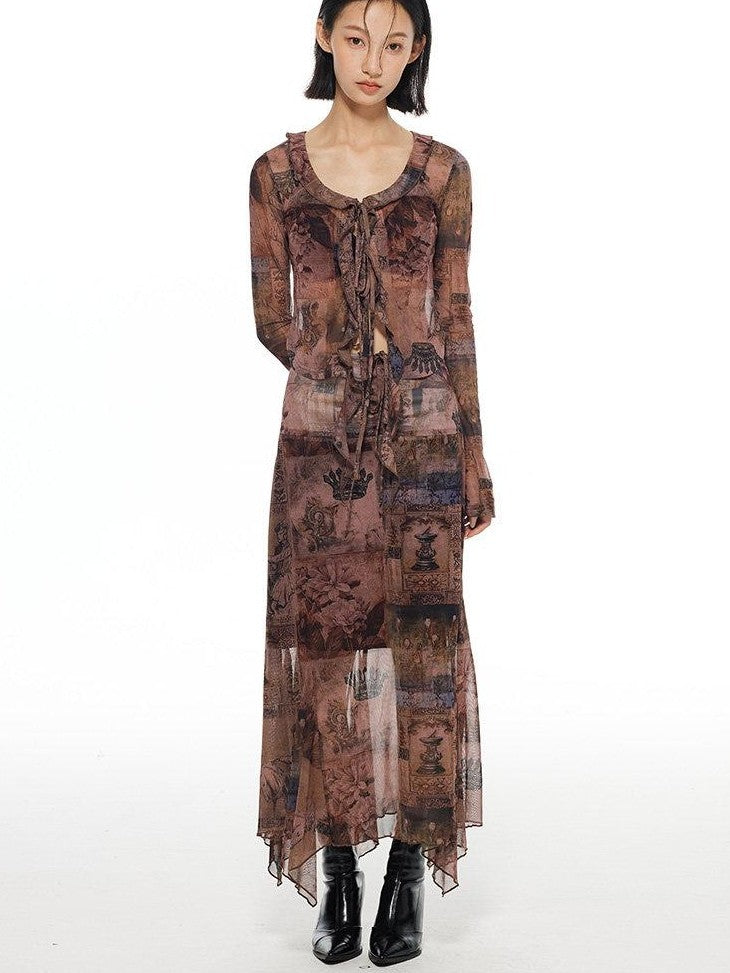THELIGHT OFFICIAL Mesh Printed A Line Women's Polyester Spandex Casual Maxi Dresses