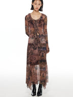 THELIGHT OFFICIAL Mesh Printed A Line Women's Polyester Spandex Casual Maxi Dresses