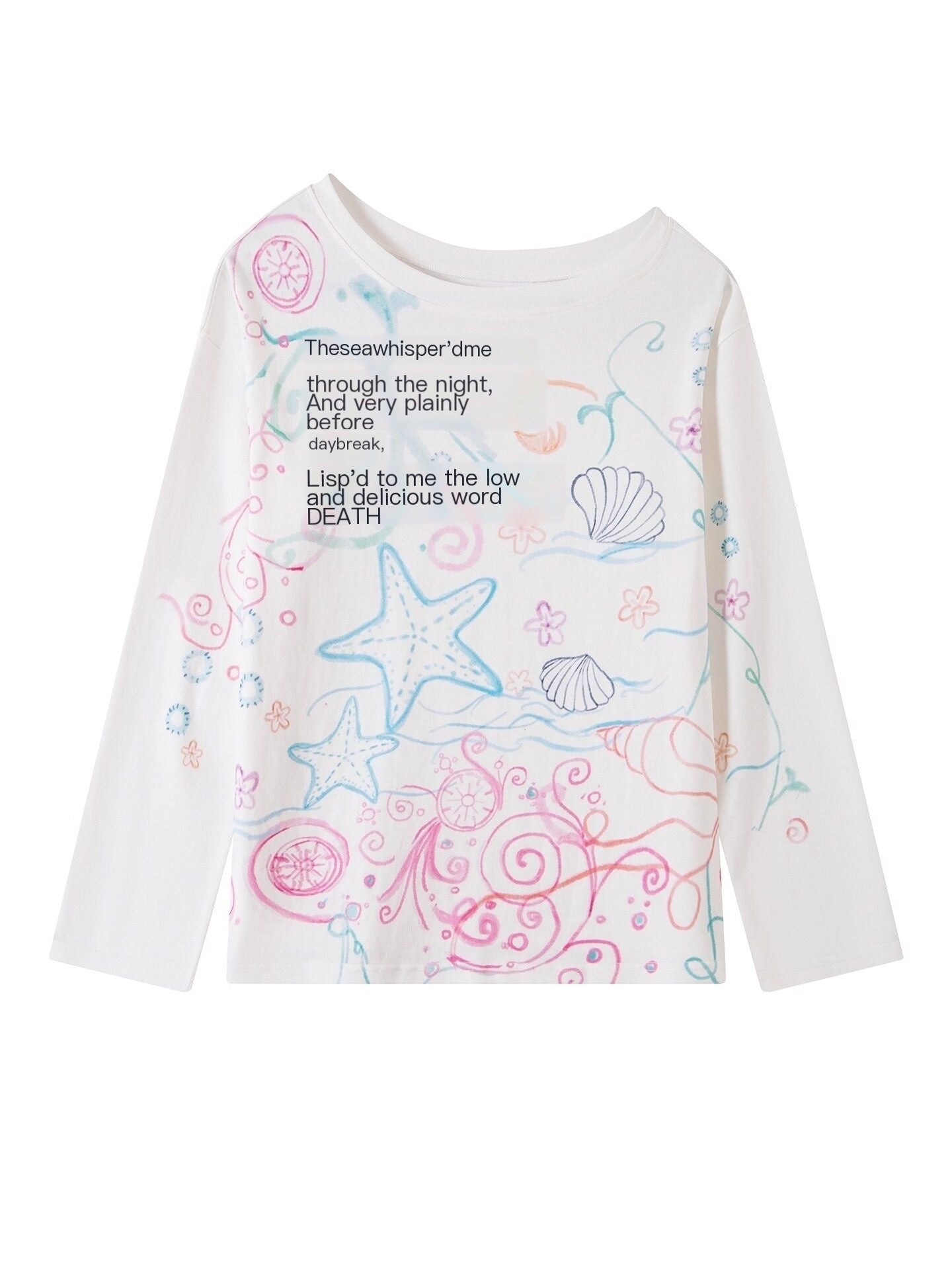 THELIGHT OFFICIAL Ocean Print Slanted Shoulder Women's Cotton Blend Long Sleeve T-shirts 958616555025