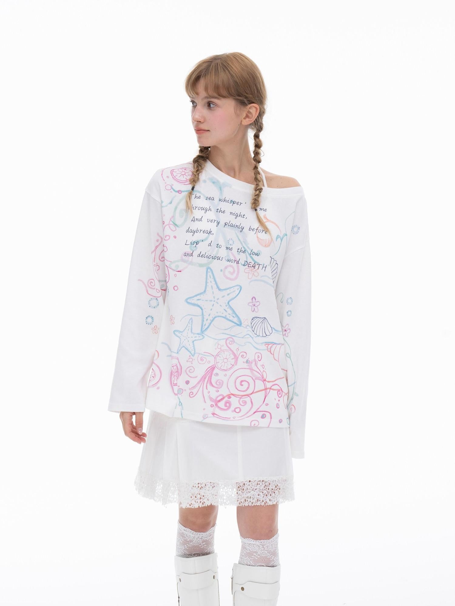 THELIGHT OFFICIAL Ocean Print Slanted Shoulder Women's Cotton Blend Long Sleeve T-shirts