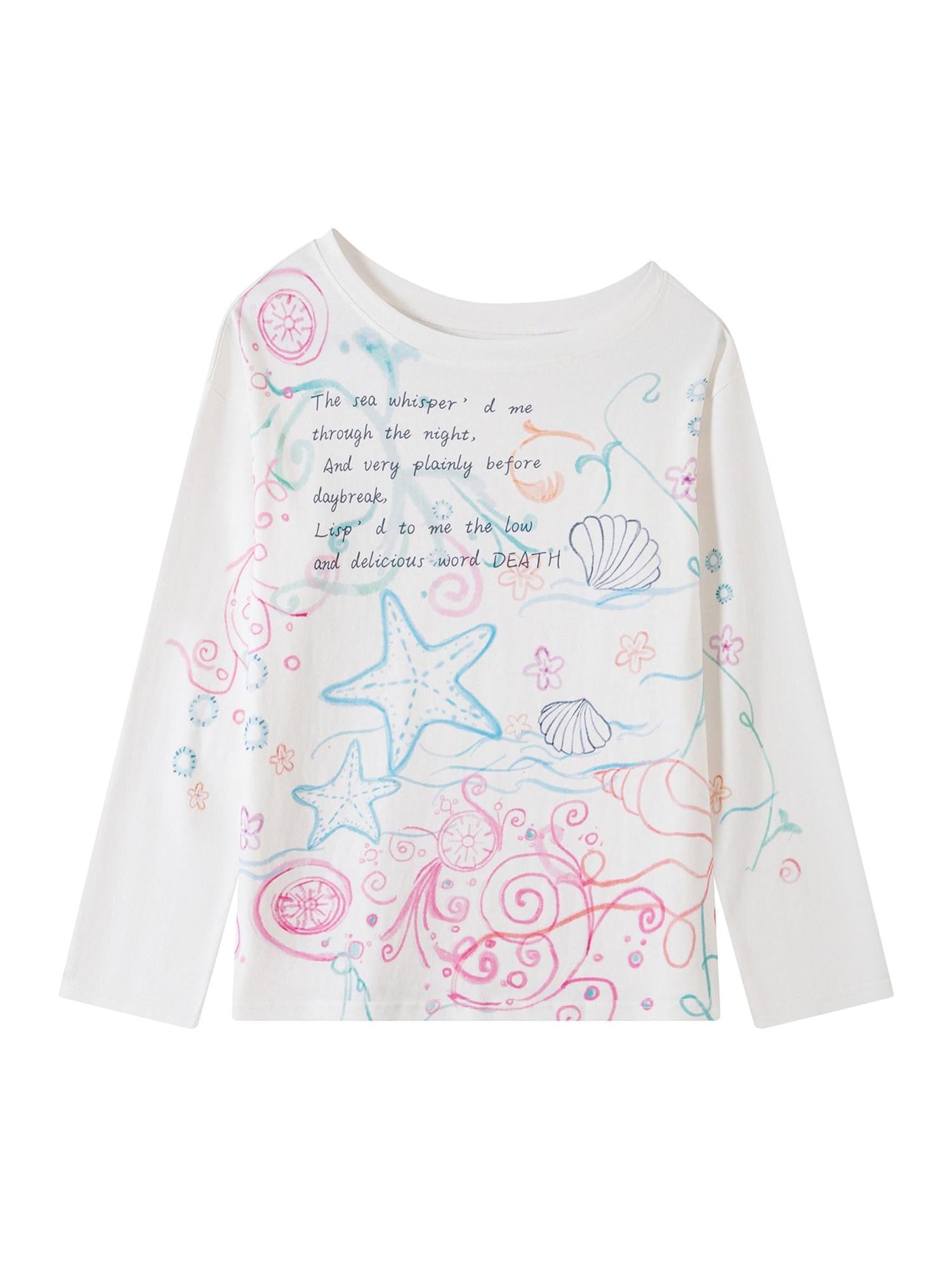 THELIGHT OFFICIAL Ocean Print Slanted Shoulder Women's Cotton Blend Long Sleeve T-shirts