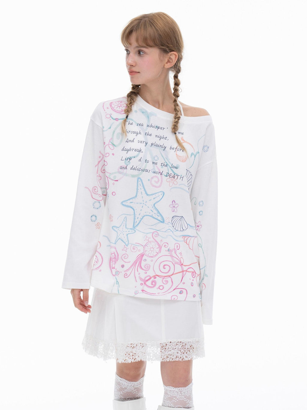 THELIGHT OFFICIAL Ocean Print Slanted Shoulder Women's Cotton Blend Long Sleeve T-shirts