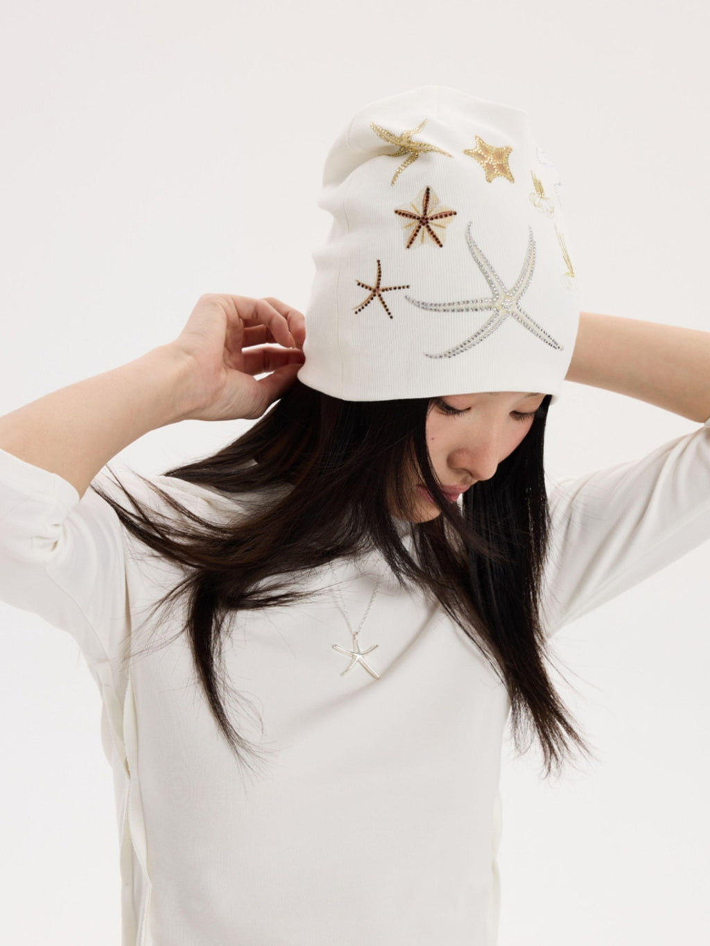 THELIGHT OFFICIAL Ocean Starfish Rhinestone Embellished Stacked Slouch Women's Cotton Hats