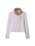 THELIGHT OFFICIAL Pale Lilac Seahorse Rhinestone Fur Collar Henley Women's Long Sleeve T-shirts 998553995545