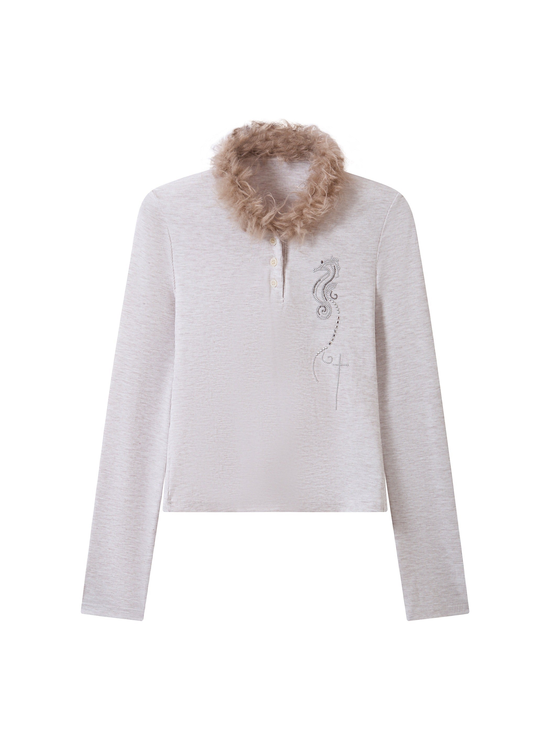 THELIGHT OFFICIAL Pale Lilac Seahorse Rhinestone Fur Collar Henley Women's Long Sleeve T-shirts 998553995545