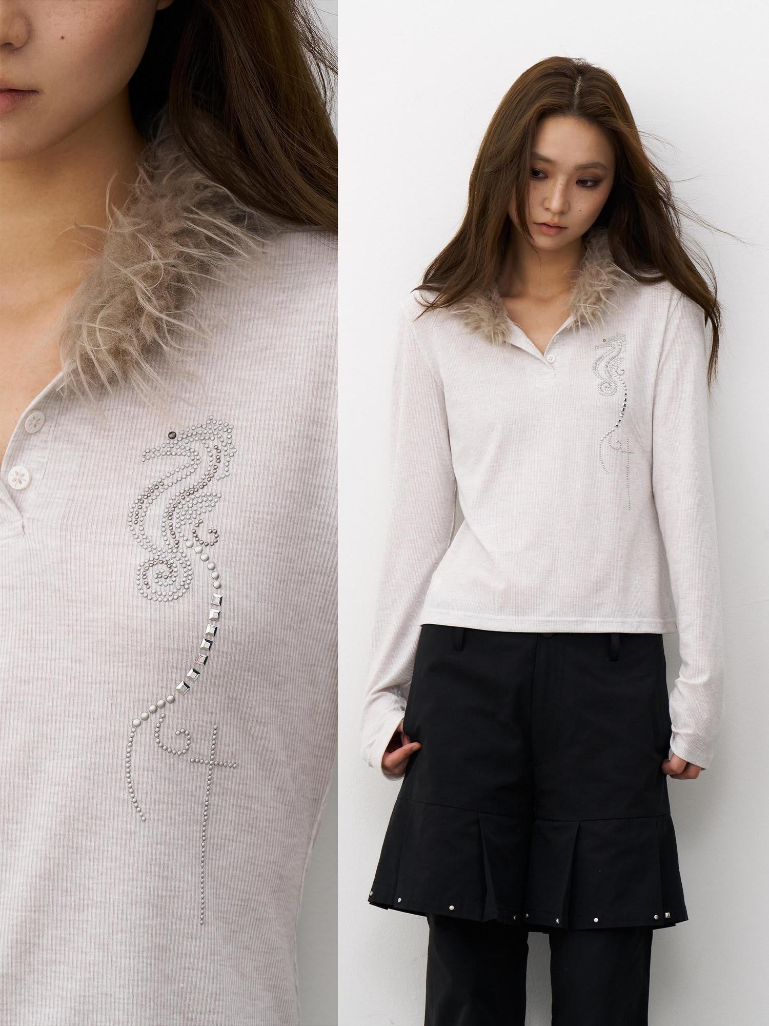 THELIGHT OFFICIAL Pale Lilac Seahorse Rhinestone Fur Collar Henley Women's Long Sleeve T-shirts