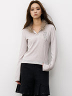 THELIGHT OFFICIAL Pale Lilac Seahorse Rhinestone Fur Collar Henley Women's Long Sleeve T-shirts
