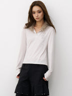 THELIGHT OFFICIAL Pale Lilac Seahorse Rhinestone Fur Collar Henley Women's Long Sleeve T-shirts