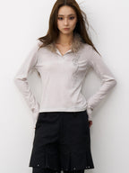 THELIGHT OFFICIAL Pale Lilac Seahorse Rhinestone Fur Collar Henley Women's Long Sleeve T-shirts