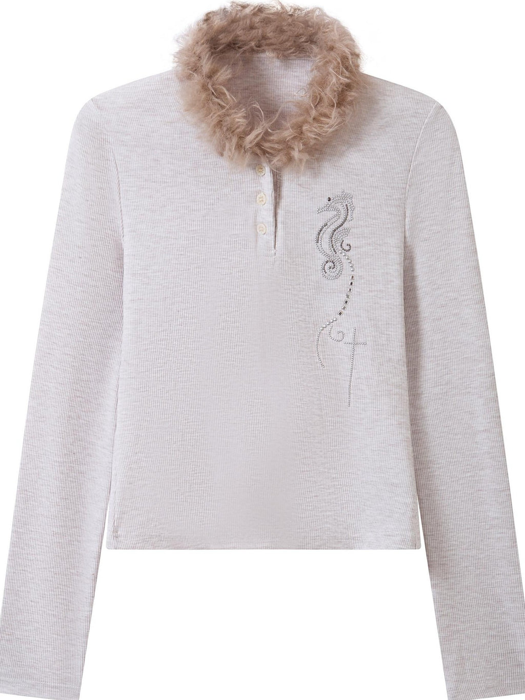 THELIGHT OFFICIAL Pale Lilac Seahorse Rhinestone Fur Collar Henley Women's Long Sleeve T-shirts